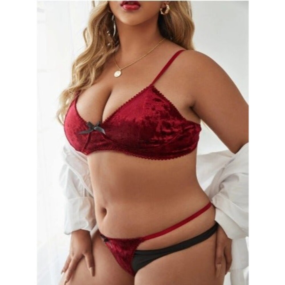 1X Plus Size Burgundy Red Bow Front Velvet Bralette & Thong Lingerie Set